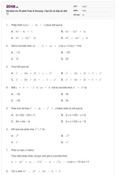 Đề kiểm tra 45 phút Toán 8 Chương 1 Đại Số có đáp án (Đề 1)