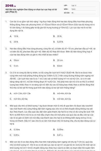 460 Bài trắc nghiệm Dao động cơ chọn lọc cực hay có lời giải (Phần 8)