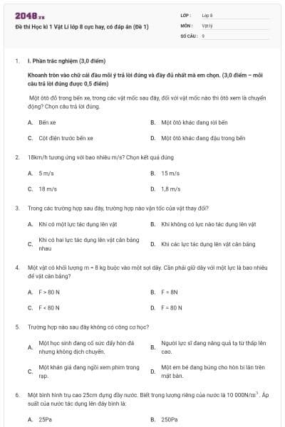 Đề thi Học kì 1 Vật Lí lớp 8 cực hay, có đáp án (Đề 1)