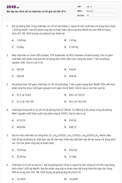 Bài tập xác định chỉ số chất béo có lời giải chi tiết (P1)