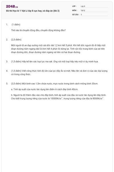 Đề thi Học kì 1 Vật Lí lớp 8 cực hay, có đáp án (Đề 3)