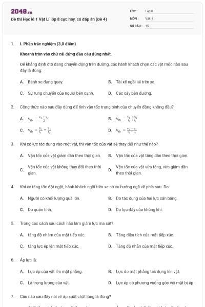 Đề thi Học kì 1 Vật Lí lớp 8 cực hay, có đáp án (Đề 4)