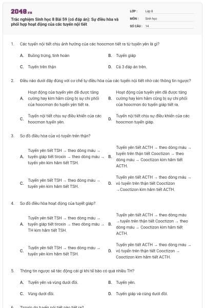 Trắc nghiệm Sinh học 8 Bài 59 (có đáp án): Sự điều hòa và phối hợp hoạt động của các tuyến nội tiết