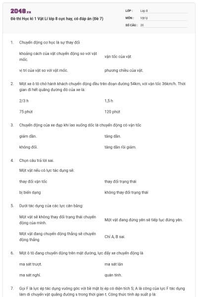 Đề thi Học kì 1 Vật Lí lớp 8 cực hay, có đáp án (Đề 7)