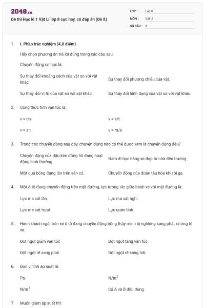 Đề thi Học kì 1 Vật Lí lớp 8 cực hay, có đáp án (Đề 8)