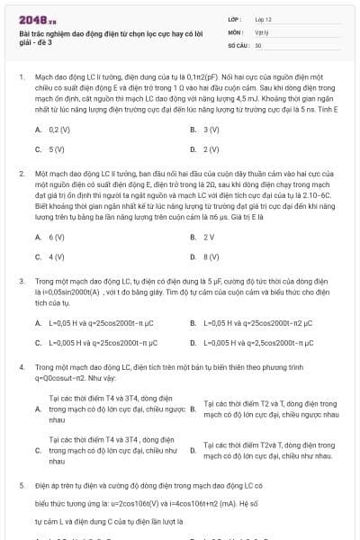 Bài trắc nghiệm dao động điện từ chọn lọc cực hay có lời giải - đề 3