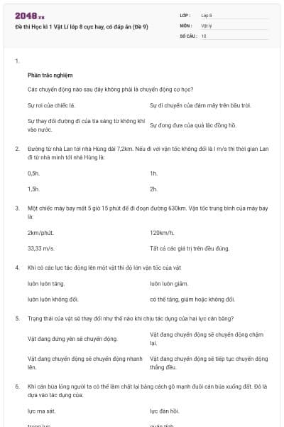 Đề thi Học kì 1 Vật Lí lớp 8 cực hay, có đáp án (Đề 9)