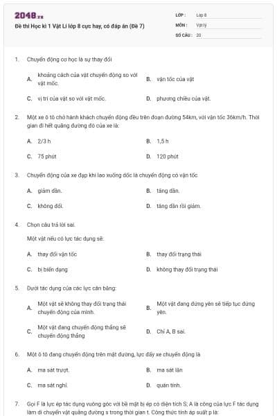 Đề thi Học kì 1 Vật Lí lớp 8 cực hay, có đáp án (Đề 7)