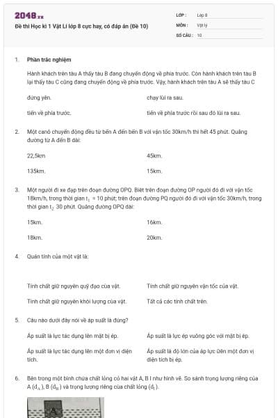 Đề thi Học kì 1 Vật Lí lớp 8 cực hay, có đáp án (Đề 10)