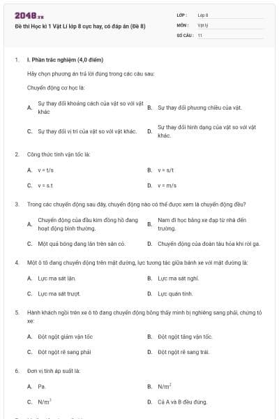 Đề thi Học kì 1 Vật Lí lớp 8 cực hay, có đáp án (Đề 8)