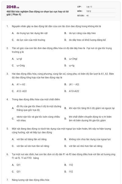 460 Bài trắc nghiệm Dao động cơ chọn lọc cực hay có lời giải ( Phần 9)