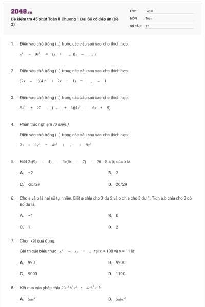 Đề kiểm tra 45 phút Toán 8 Chương 1 Đại Số có đáp án (Đề 2)