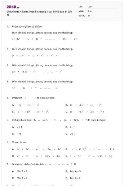 Đề kiểm tra 45 phút Toán 8 Chương 1 Đại Số có đáp án (Đề 3)
