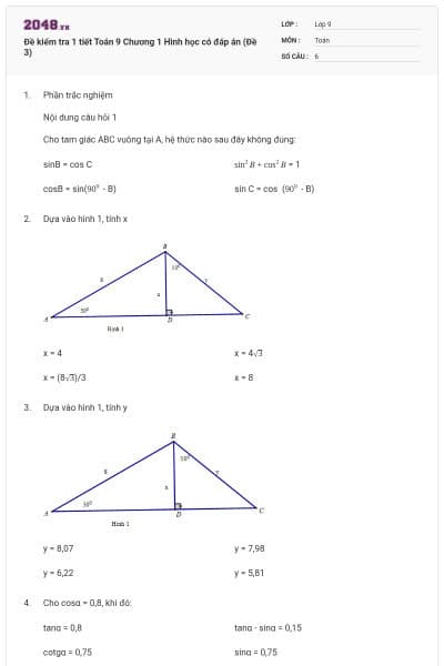 Đề kiểm tra 1 tiết Toán 9 Chương 1 Hình học có đáp án (Đề 3)