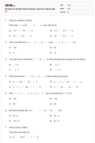 Đề kiểm tra 45 phút Toán 8 Chương 1 Đại Số có đáp án (Đề 4)