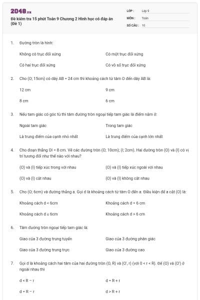 Đề kiểm tra 15 phút Toán 9 Chương 2 Hình học có đáp án (Đề 1)