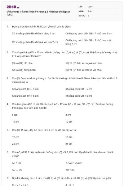 Đề kiểm tra 15 phút Toán 9 Chương 2 Hình học có đáp án (Đề 2)