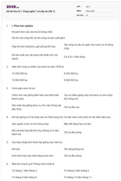 Đề thi Học kì 1 Công nghệ 7 có đáp án (Đề 1)