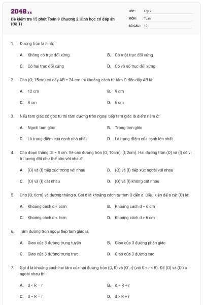 Đề kiểm tra 15 phút Toán 9 Chương 2 Hình học có đáp án (Đề 1)