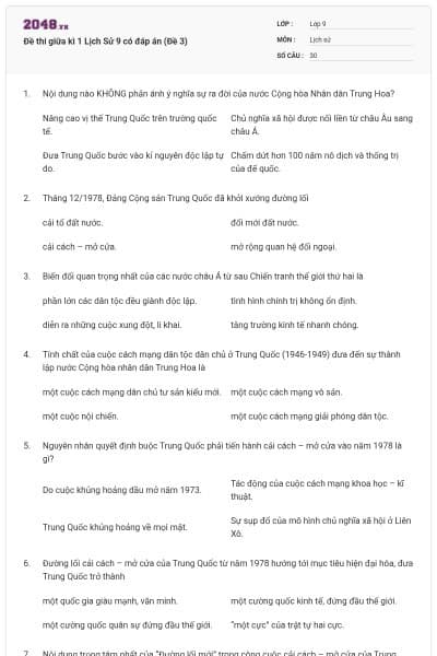 Đề thi giữa kì 1 Lịch Sử 9 có đáp án (Đề 3)