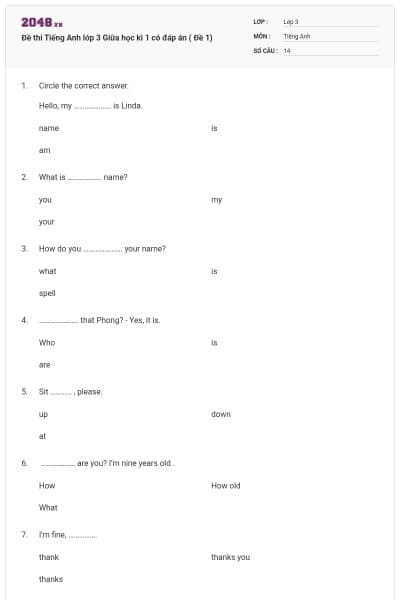 Đề thi Tiếng Anh lớp 3 Giữa học kì 1 có đáp án ( Đề 1)