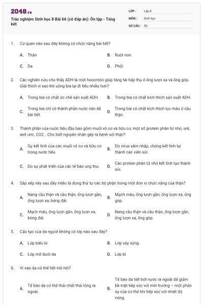 Trắc nghiệm Sinh học 8 Bài 66 (có đáp án): Ôn tập - Tổng kết