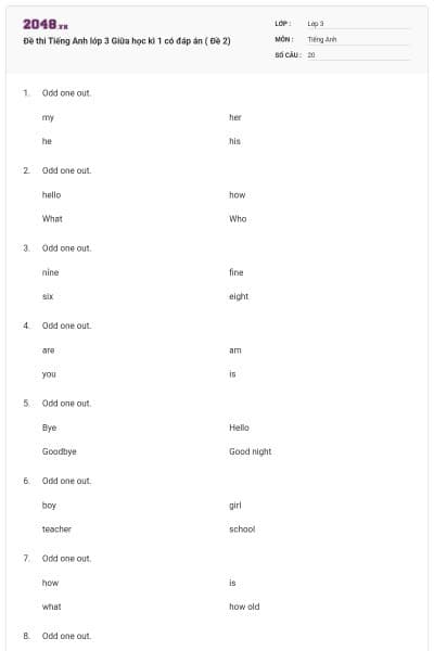 Đề thi Tiếng Anh lớp 3 Giữa học kì 1 có đáp án ( Đề 2)