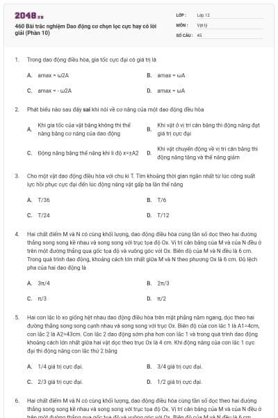 460 Bài trắc nghiệm Dao động cơ chọn lọc cực hay có lời giải (Phần 10)