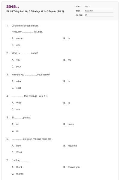 Đề thi Tiếng Anh lớp 3 Giữa học kì 1 có đáp án ( Đề 1)