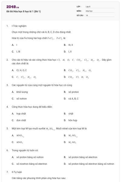 Đề thi Hóa học 8 học kì 1 (Đề 1)