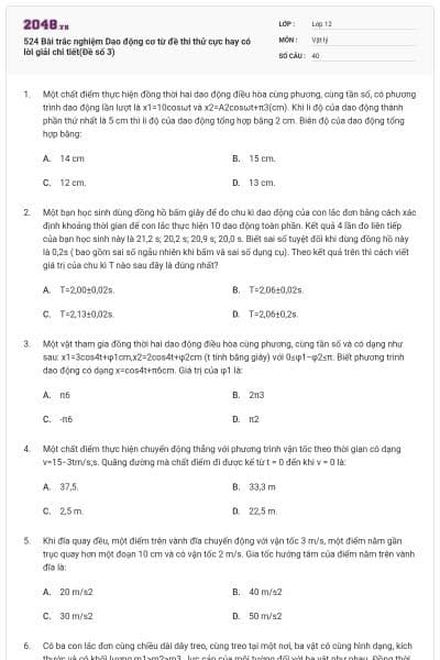 524 Bài trắc nghiệm Dao động cơ từ đề thi thử cực hay có lời giải chi tiết(Đề số 3)