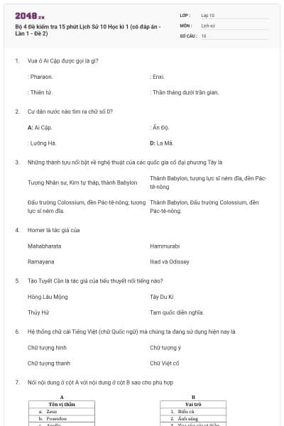 Bộ 4  Đề kiểm tra 15 phút Lịch Sử 10 Học kì 1 (có đáp án - Lần 1 - Đề 2)