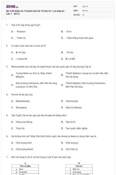 Bộ 4  Đề kiểm tra 15 phút Lịch Sử 10 Học kì 1 (có đáp án - Lần 1 - Đề 2)
