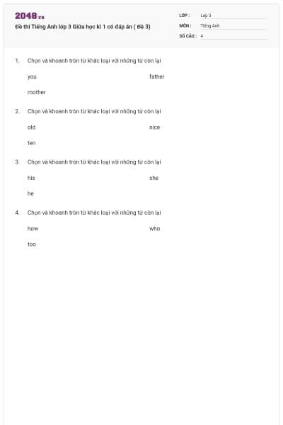 Đề thi Tiếng Anh lớp 3 Giữa học kì 1 có đáp án ( Đề 3)