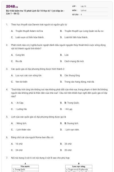 Bộ 4  Đề kiểm tra 15 phút Lịch Sử 10 Học kì 1 (có đáp án - Lần 1 - Đề 3)