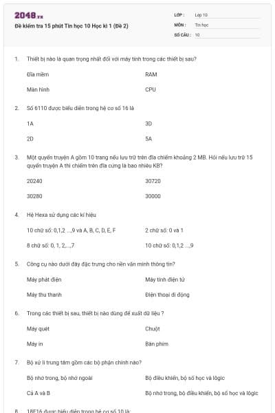 Đề kiểm tra 15 phút Tin học 10 Học kì 1 (Đề 2)