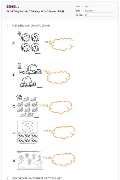 Đề thi Tiếng Anh lớp 3 Giữa học kì 1 có đáp án ( Đề 4)