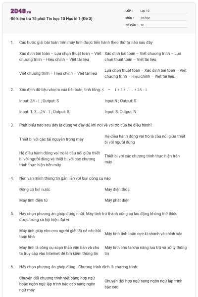 Đề kiểm tra 15 phút Tin học 10 Học kì 1 (Đề 3)