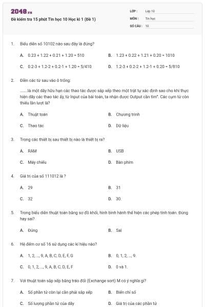 Đề kiểm tra 15 phút Tin học 10 Học kì 1 (Đề 1)