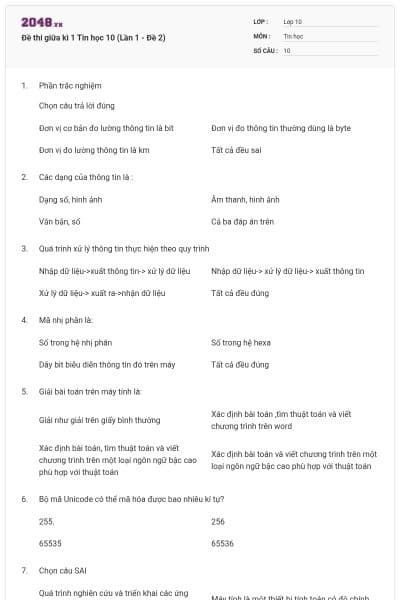Đề thi giữa kì 1 Tin học 10 (Lần 1 - Đề 2)