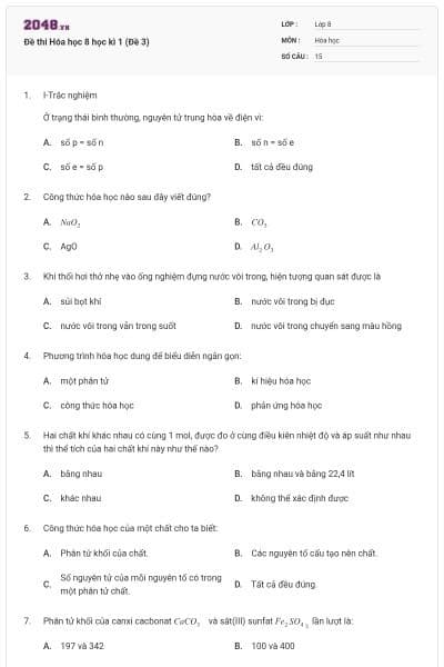 Đề thi Hóa học 8 học kì 1 (Đề 3)