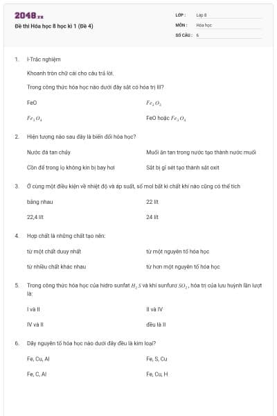 Đề thi Hóa học 8 học kì 1 (Đề 4)