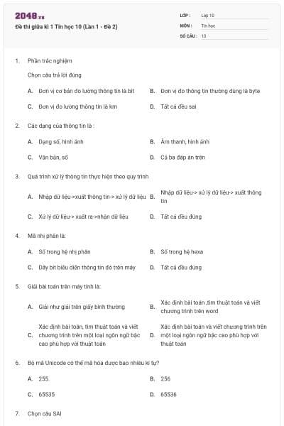 Đề thi giữa kì 1 Tin học 10 (Lần 1 - Đề 2)