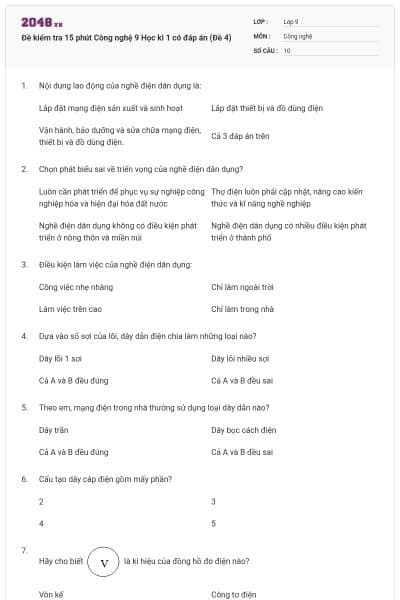 Đề kiểm tra 15 phút Công nghệ 9 Học kì 1 có đáp án (Đề 4)