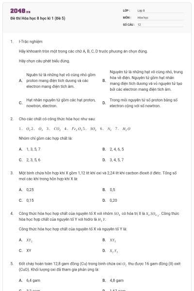 Đề thi Hóa học 8 học kì 1 (Đề 5)