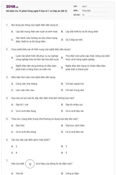 Đề kiểm tra 15 phút Công nghệ 9 Học kì 1 có đáp án (Đề 4)
