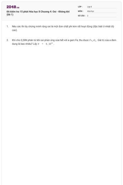 Đề kiểm tra 15 phút Hóa học 8 Chương 4: Oxi - Không khí (Đề 1)