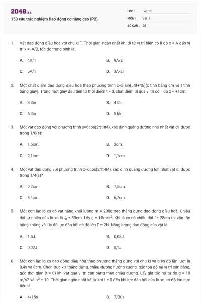 150 câu trắc nghiệm Dao động cơ nâng cao (P2)