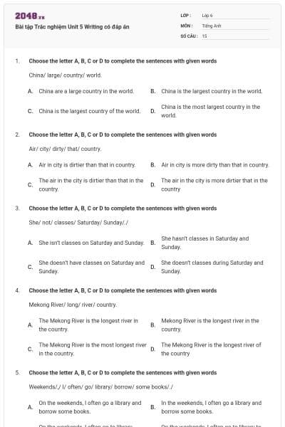 Bài tập Trắc nghiệm Unit 5 Writing có đáp án