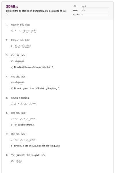 Đề kiểm tra 45 phút Toán 8 Chương 2 Đại Số có đáp án (Đề 1)